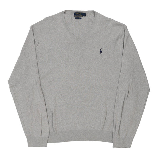 Vintage Ralph Lauren V-neck Jumper - Large Grey Cotton