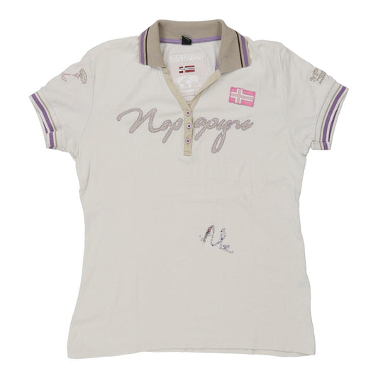 Vintage Napapijri Spellout Polo Shirt - XL White Cotton