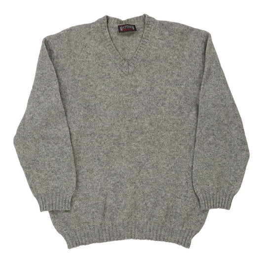 Vintage Matthew Sporting V-neck Jumper - XL Grey Wool