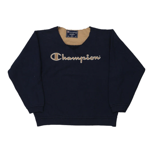 Vintage Champion Spellout Sweatshirt - Small Navy Cotton Blend