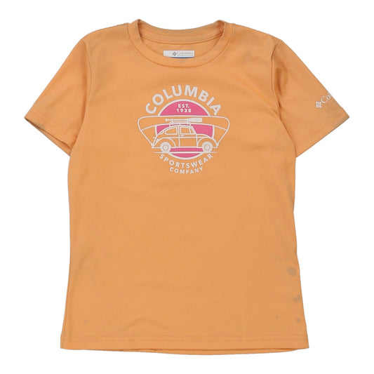 Vintage Age 7-8 Columbia Spellout T-Shirt - Small Orange Polyester Blend
