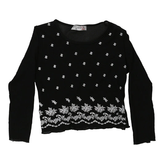 Vintage Fashion Embroidered Mesh Top - Medium Black Nylon