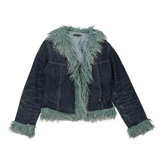 Vintage Faux Fur Trim Take Two Denim Jacket - Medium Blue Cotton