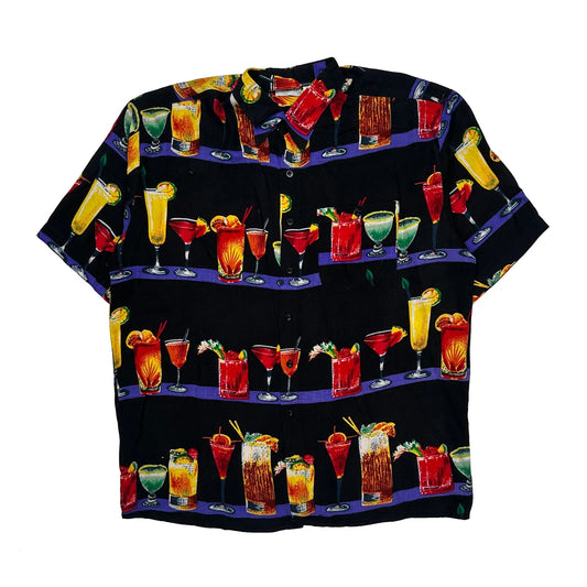 Cocktail Print Aloha Graphic Hawaiian Shirt - Large Black Cotton