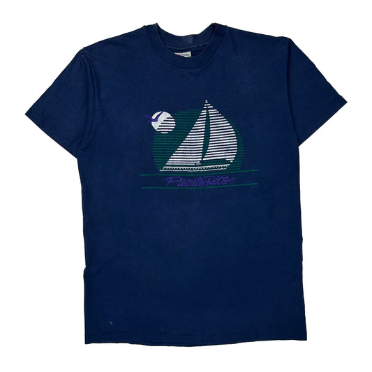 Puerto Rico Hanes Single Stitch T-Shirt - Large Blue Cotton Blend