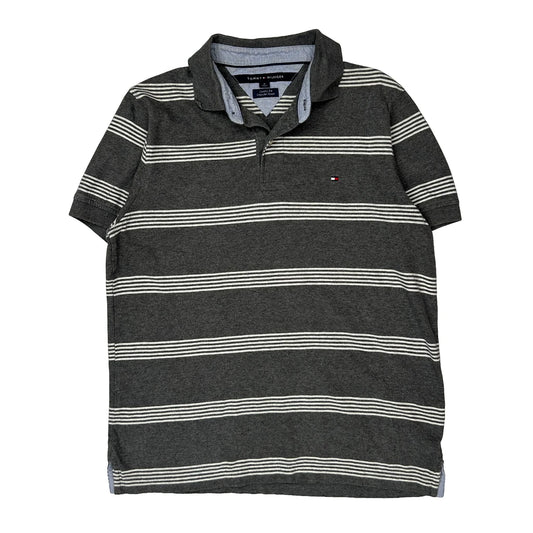 Vintage Tommy Hilfiger Striped Polo Shirt - Medium Grey Cotton