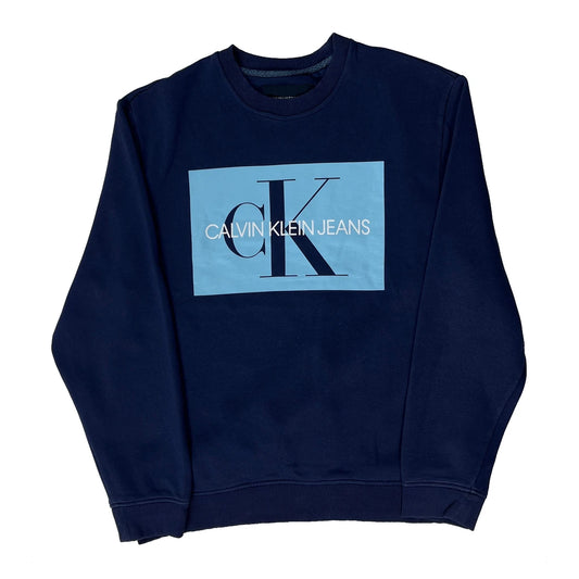 Large Logo Print Calvin Klein Jeans Graphic Sweatshirt - XL Navy Cotton Blend