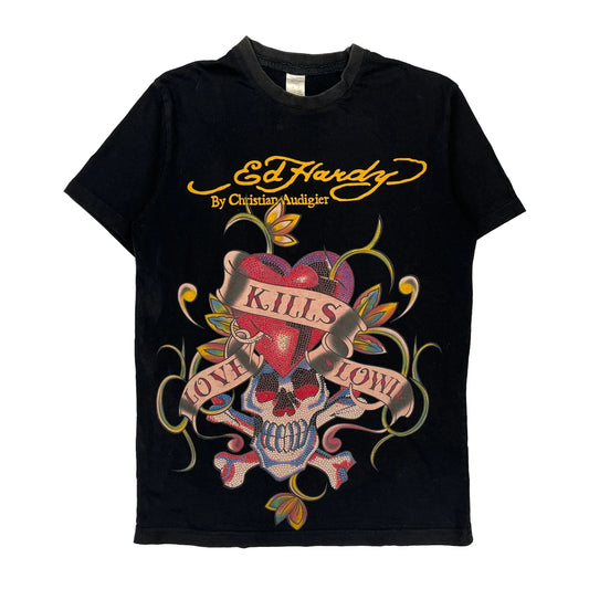 Skull And Heart Design Ed Hardy Graphic T-Shirt - Medium Black Cotton