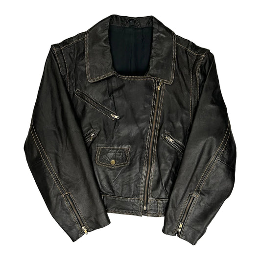 Contrast Stitch Unbranded Motorcycle Leather Jacket - Medium Black Leather