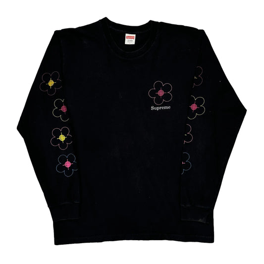 'Been Hit' Supreme Flower Graphic Long Sleeve T-Shirt - Large Black Cotton