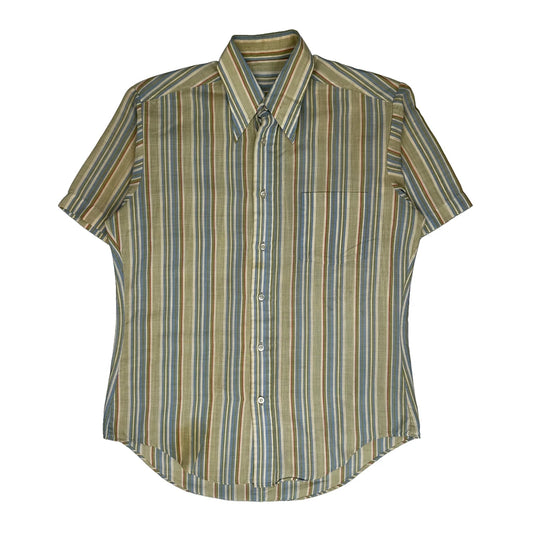 80S Unbranded Striped Short Sleeve Shirt - Large Khaki Linen