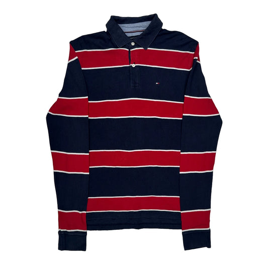 Vintage Tommy Hilfiger Striped Long Sleeve Polo Shirt - Medium Navy Cotton