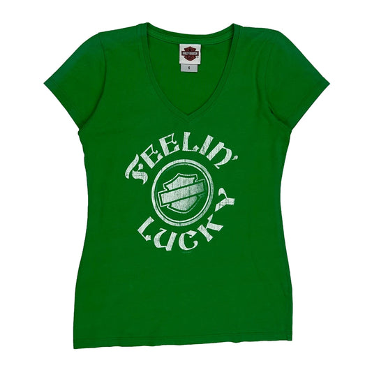 Feeling Lucky Harley Davidson Graphic T-Shirt - Small Green Cotton