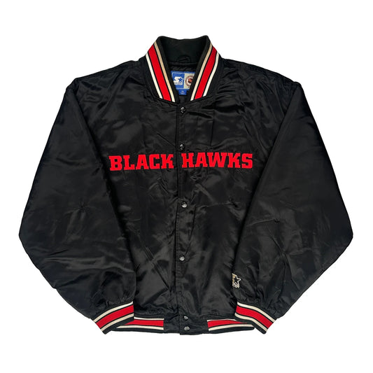 Satin Black Hawks Starter Spellout Varsity Jacket - XL Black Polyester