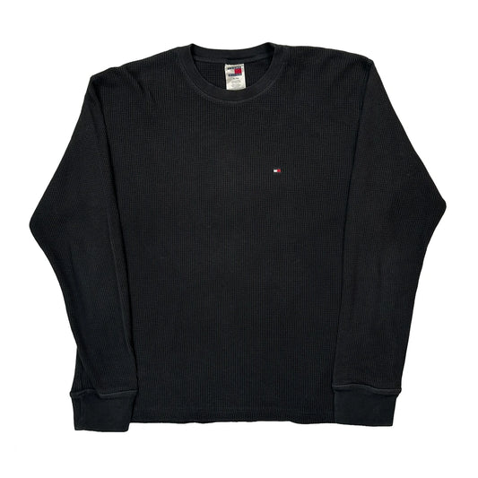 Waffle Knit Tommy Hilfiger Long Sleeve T-Shirt - XL Black Cotton Blend