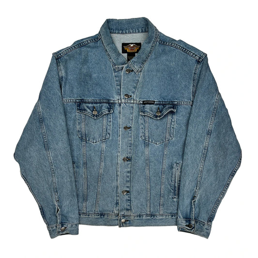 100 Years Of Great Motorcycles Harley Davidson Graphic Denim Jacket - 2XL Blue Cotton