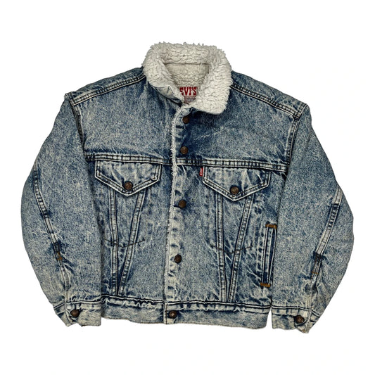 Age 10 Made In USA Levis Sherpa Lined Denim Jacket - Medium Acid Wash Denim