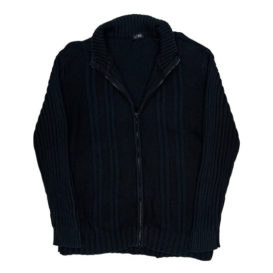 Vintage Armani Jeans Striped Zip Up - Large Black Wool