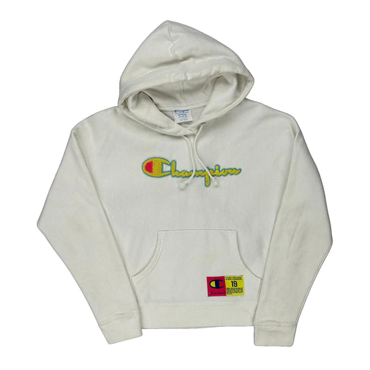Reverse Weave Champion Spellout Hoodie - Medium White Cotton Blend