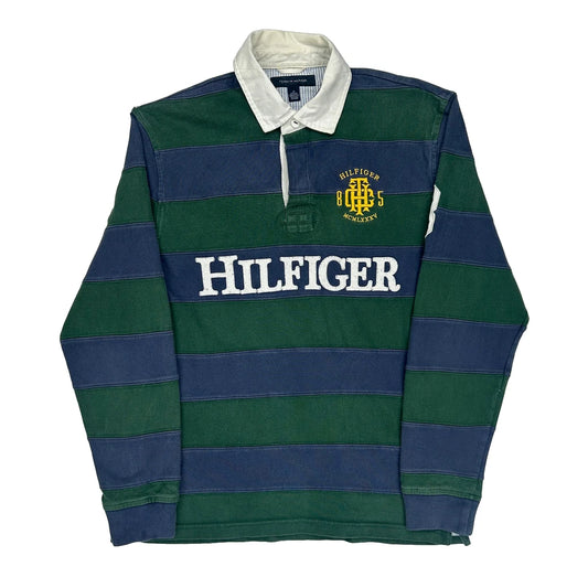 Spellout Tommy Hilfiger Striped Rugby Shirt - Medium Blue Cotton