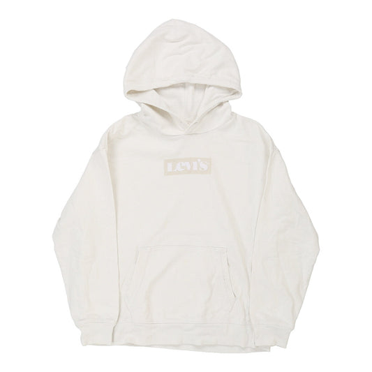 Vintage Levis Spellout Hoodie - Medium White Cotton Blend