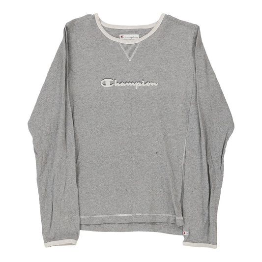 Vintage Champion Spellout Long Sleeve T-Shirt - Large Grey Cotton