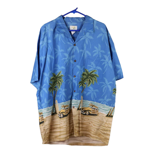 Vintage Ho Aloha Graphic Hawaiian Shirt - 2XL Blue Viscose Blend