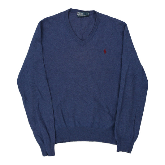 Vintage Ralph Lauren V-neck Jumper - Medium Blue Merino Wool