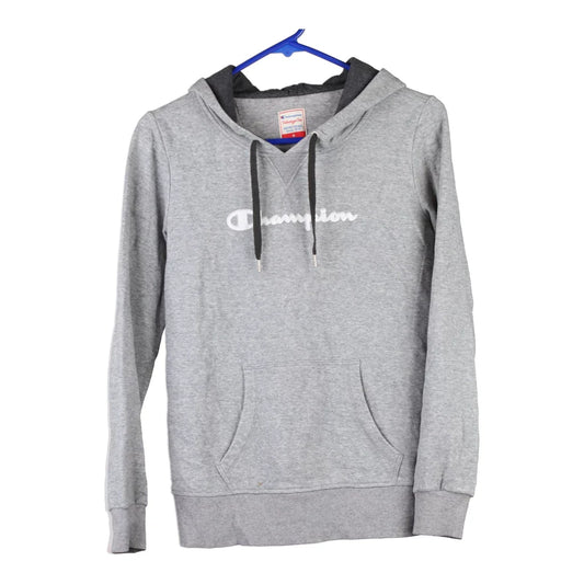 Vintage Champion Spellout Hoodie - Medium Grey Cotton Blend